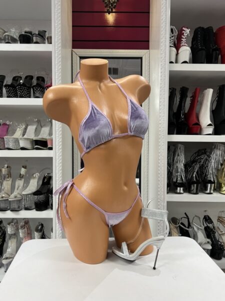 Lavender velvet micro bikini with triangle top and tie side thong soft plush fabric