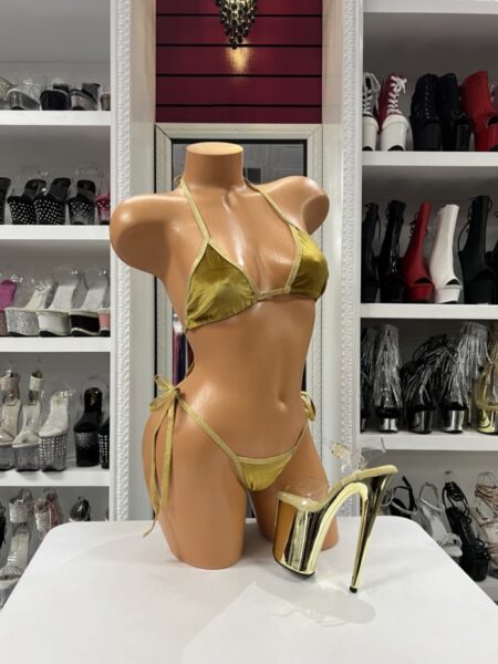Gold velvet bikini set with triangle top and tie side bottoms