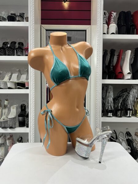 Teal velvet bikini set with triangle top and tie side bottoms