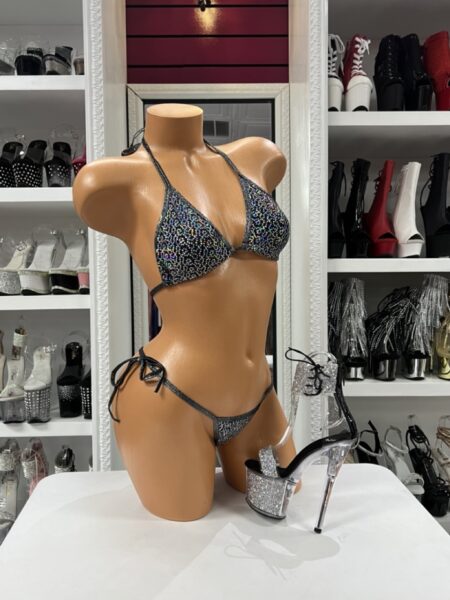 Black sequin bikini set with triangle top and tie side bottoms