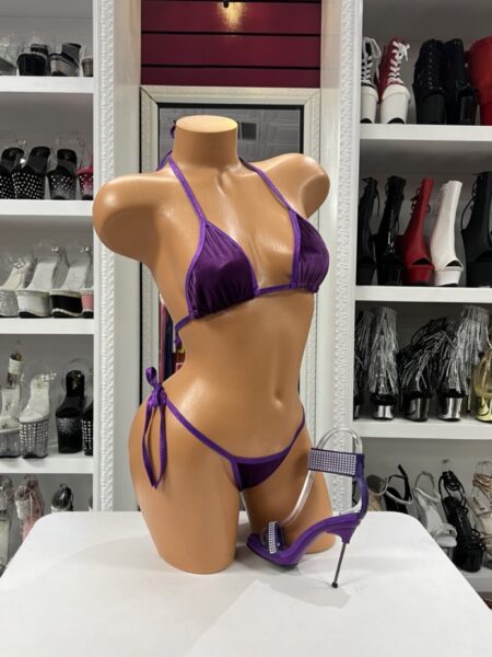 Purple velvet bikini set with triangle top and tie side bottoms