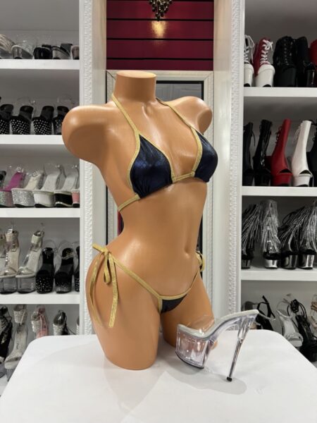 Black satin micro bikini with gold trim and tie side thong