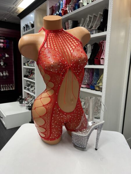 Red fishnet cutout romper with rhinestones and halter neckline