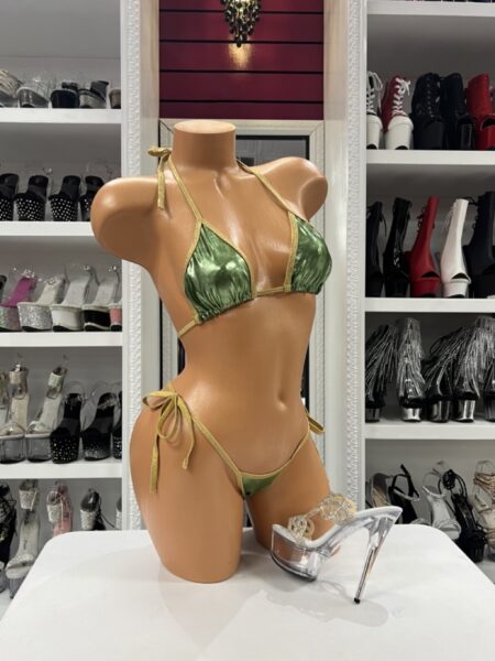 Sage satin micro bikini with gold trim and tie side thong