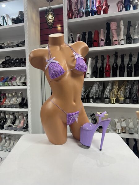 Lavender lace micro bikini with bow accents and triangle top