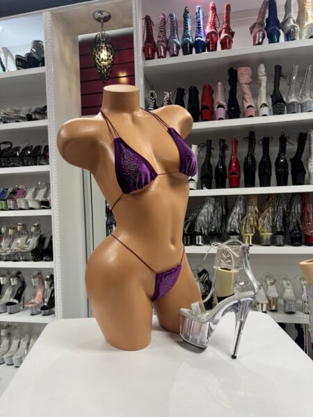 Purple rhinestone string bikini with triangle top and minimal string bottom