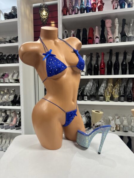 Royal blue lace bikini with rhinestone triangle top and thong