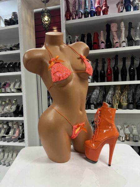 Orange lace micro bikini with triangle top and thong bow details