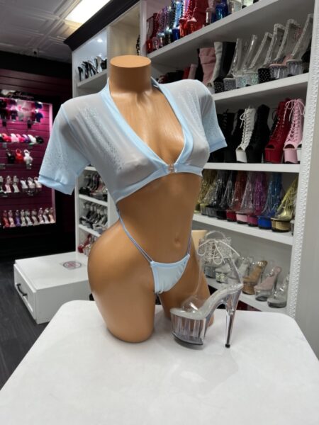 Blue mesh romper set with short sleeves and matching thong