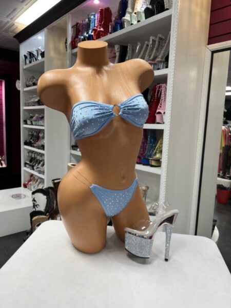 Blue rhinestone bikini set with bandeau top and thong