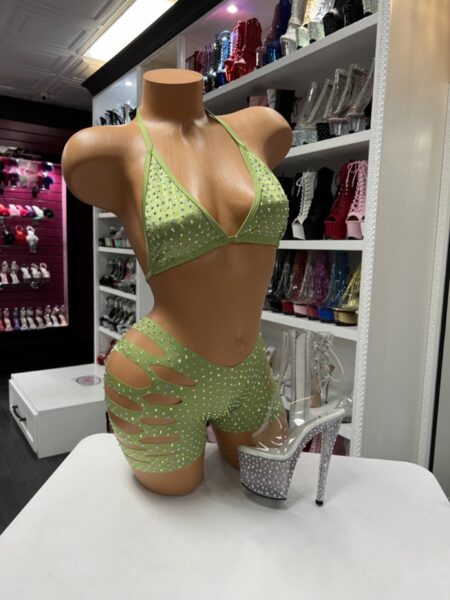 Sage rhinestone short set with triangle top and shredded shorts