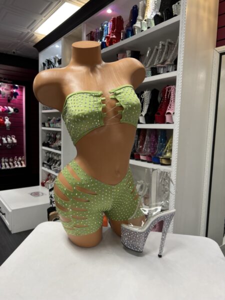 Sage lace up short set with bandeau top and shredded shorts