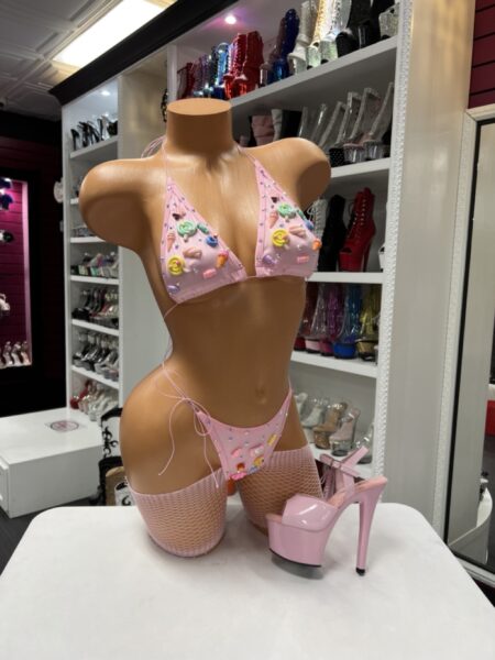 Pink candy charm bikini set with 3D embellishments and tie sides