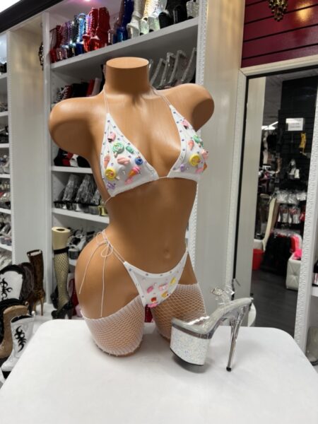 White candy bikini set with colorful embellishments and rhinestone details
