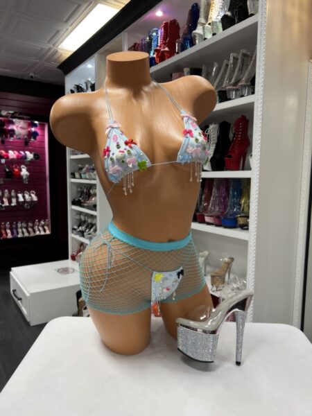 Charmed micro bikini set with fishnet shorts and rhinestone details