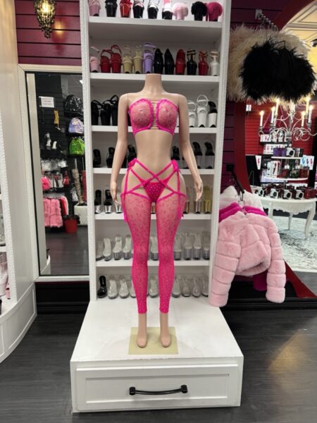 Hot pink rhinestone set with strappy bottoms and fishnet leggings