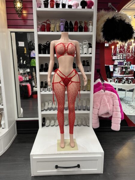 Red rhinestone legging set with cutout top thong and sheer leggings