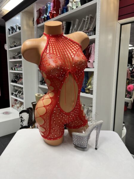 Red rhinestone fishnet romper with halter neckline and side cutouts