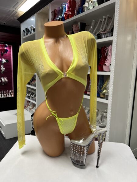 Neon sheer rhinestone set with long sleeve mesh top and high-cut bottom
