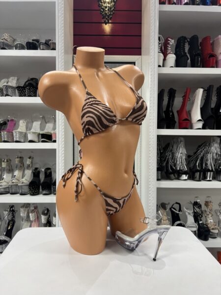 Brown zebra print bikini set with triangle top and side tie bottoms