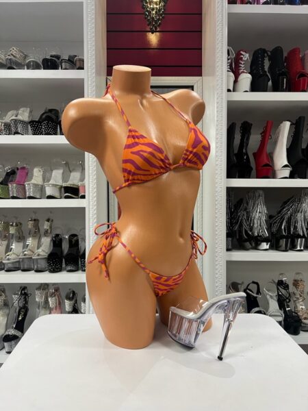 Orange and pink tiger print bikini set with triangle top and side tie bottoms