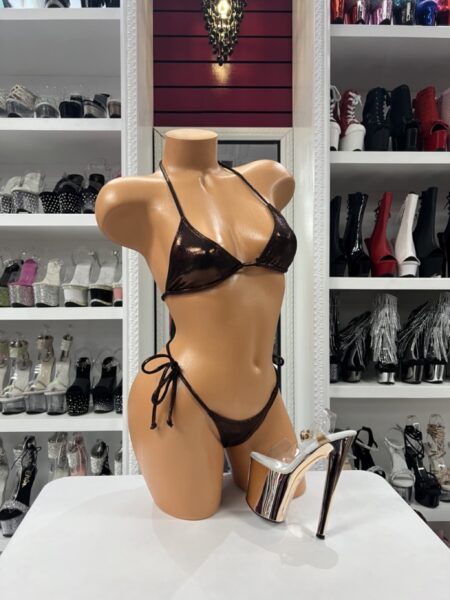 Metallic brown glossy bikini set with triangle top and side tie bottoms