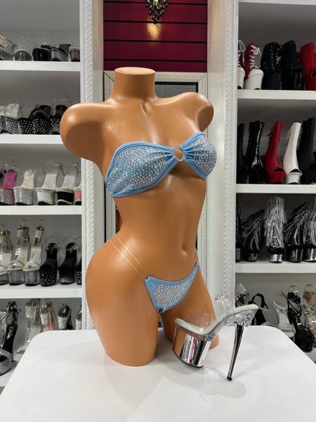Sky blue crystal bikini with bandeau top ring detail and micro bottom clear side straps sparkling finish