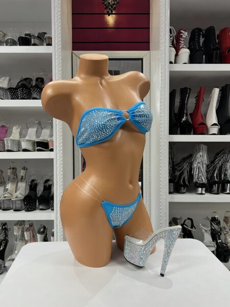 Aqua crystal ring bikini with bandeau top center ring detail and micro bottom clear side straps sparkling finish