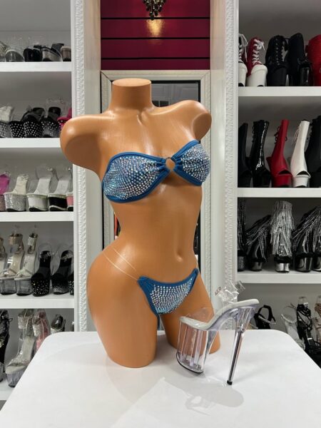 Blue crystal strap bikini with bandeau top center ring detail and micro bottom clear side straps sparkling finish