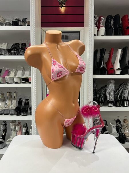 Pink lips rhinestone micro bikini with triangle top and thong bottom thin straps playful print and sparkle