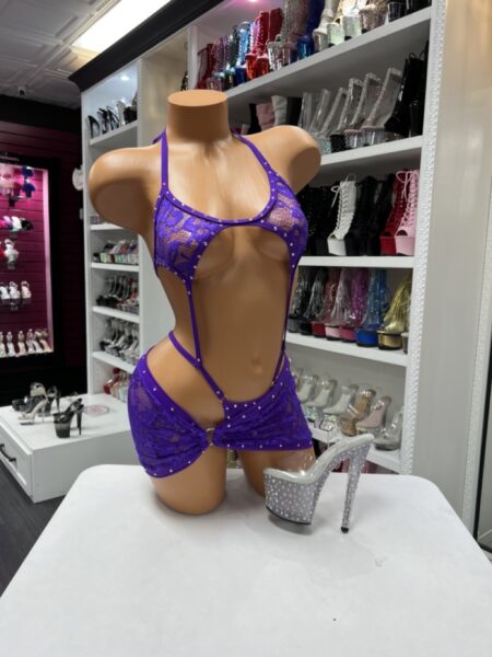 Purple lace two piece skirt set with cutout bodysuit and mini skirt