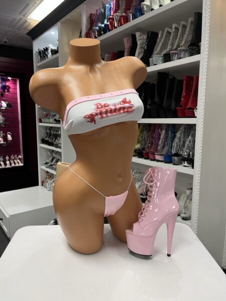 Pink be mine bikini with white bandeau top and pink micro bottoms