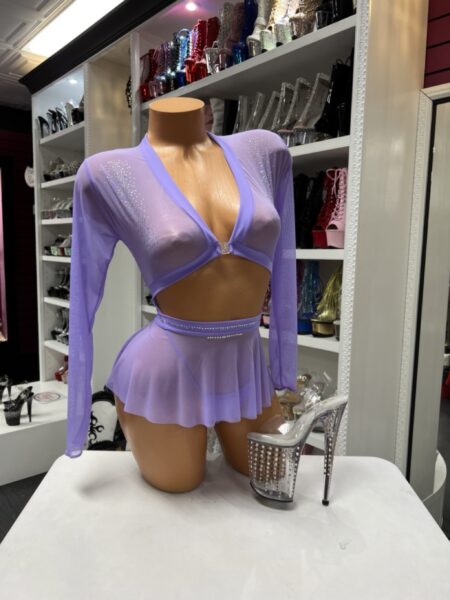 Lavender sheer two piece skirt set with long sleeve top and mini skirt