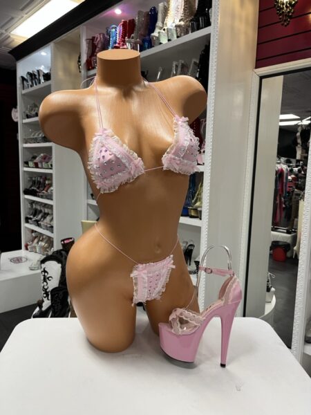 Baby pink rhinestone bikini with ruffle trim and pastel color detailing