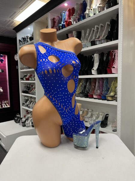 royal blue cutout romper one shoulder asymmetrical design rhinestone detail stretchy bodycon one piece outfit