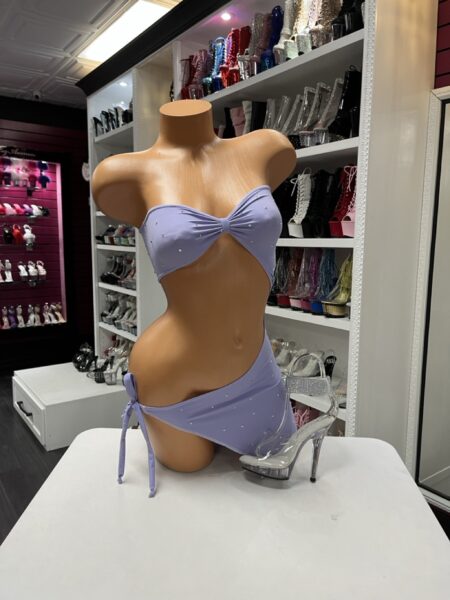 lavender rhinestone skirt set bandeau top strapless side tie mini skirt soft stretch fabric two piece outfit