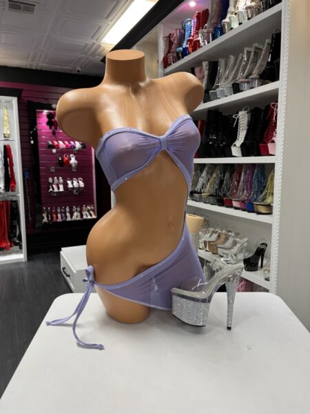 Lavender sheer cutout dress with asymmetrical design and adjustable side tie