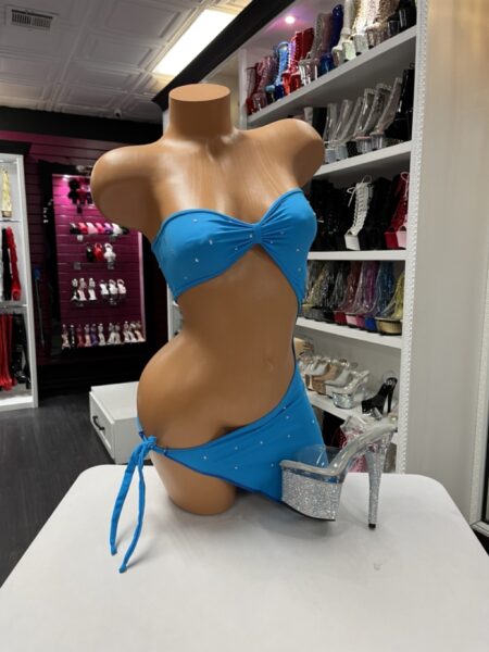 Blue rhinestone bandeau set with strapless top and wrap-style bottom