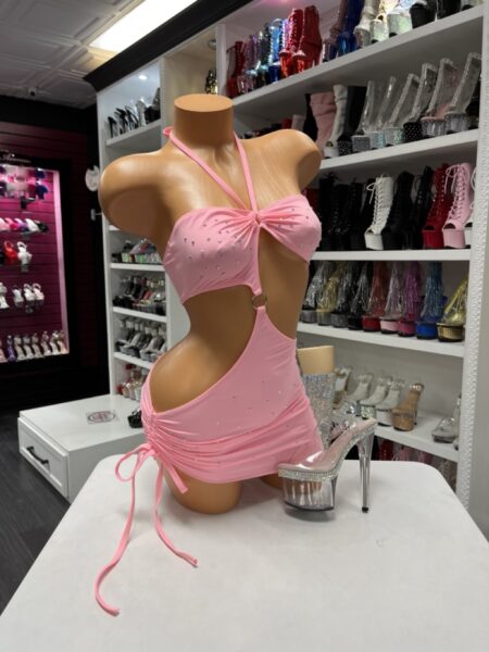 Pink cutout mini dress with halter neckline and ruched adjustable skirt