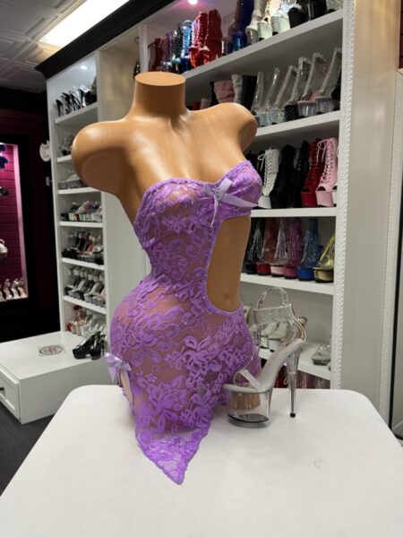 Lavender lace strapless cutout mini dress with asymmetrical hem