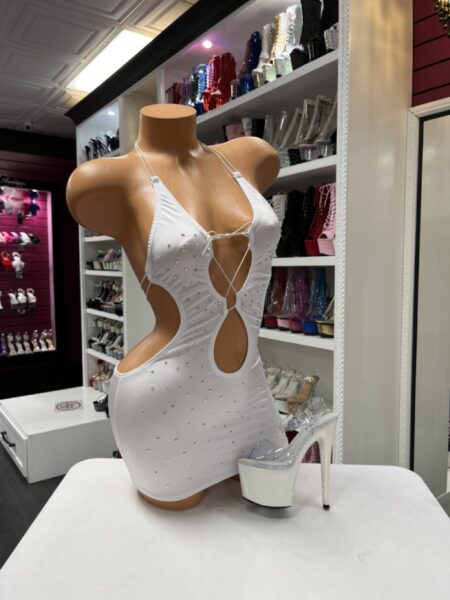 White rhinestone cutout mini dress with halter straps and lace-up front