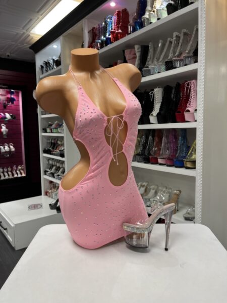 Pink rhinestone cutout mini dress with halter straps and lace-up front detail