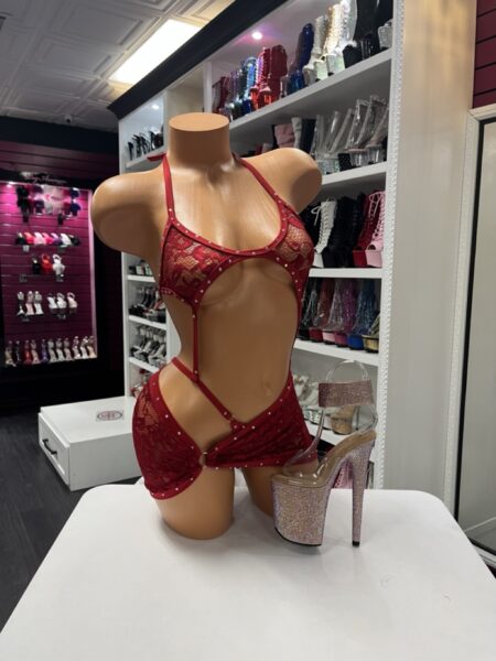 Red lace rhinestone romper with cutout design and matching mini skirt overlay