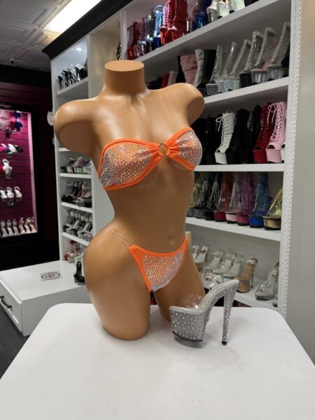 Neon orange rhinestone bikini set with strapless bandeau top and high cut thong