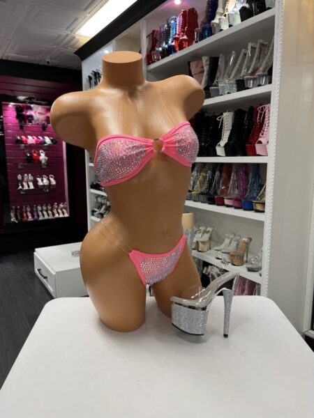 Pink rhinestone bikini set with strapless bandeau top and high cut thong