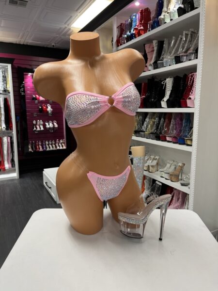Baby pink rhinestone bikini with strapless bandeau top and high cut thong