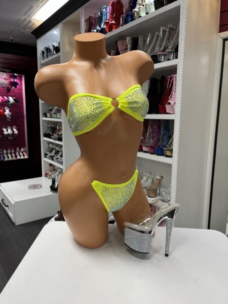 Neon rhinestone bikini set with bandeau top and high cut thong