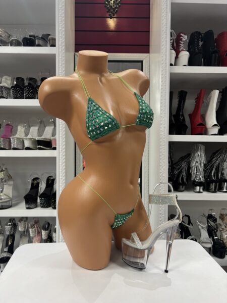 Emerald green rhinestone micro bikini with triangle top and ultra minimal bottoms