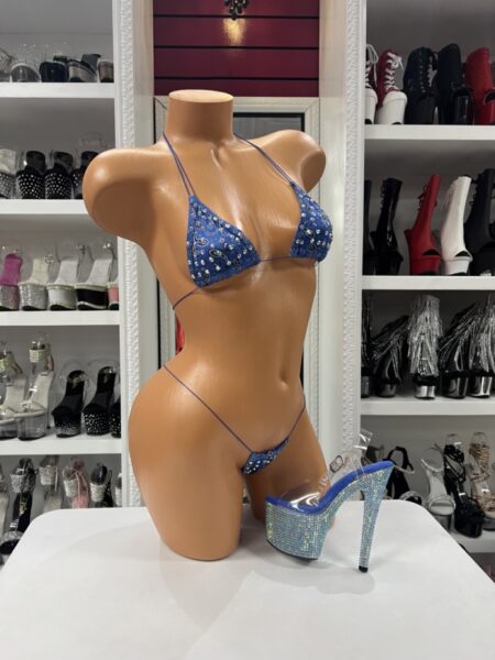Blue denim rhinestone micro bikini with triangle top and ultra minimal bottoms