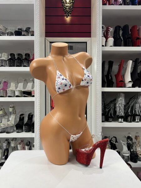 Star print micro bikini with colorful stars and rhinestone detail on a minimal triangle top and thong set